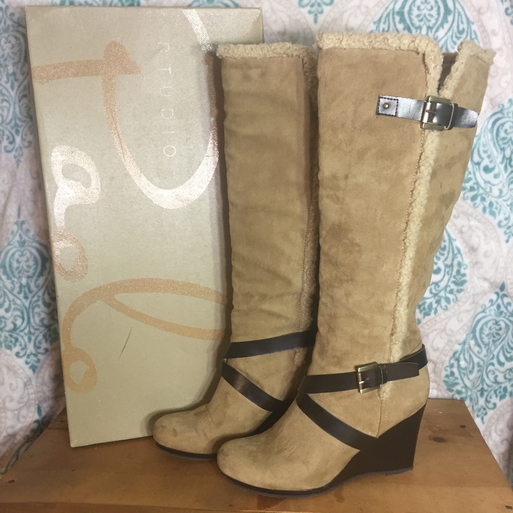 Tan Warm Tall Shearling Faux Suede Knee High Boots